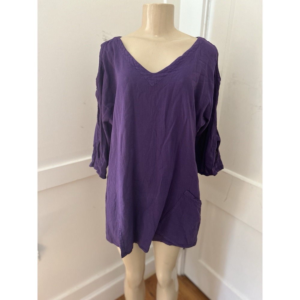 Oh My Gauze Deep Purple Tunic top cutouts 3/4 sleeves cotton Size M Lagenlook